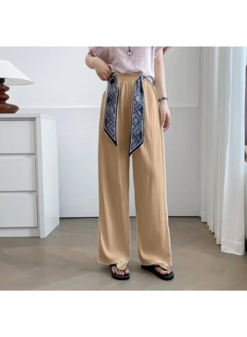 بنطلون بالازو واسع الساقين بمقاس حر، مزود بحزام خصر مطاطي وحزام وشاح مزخرف للنساء - Image 3